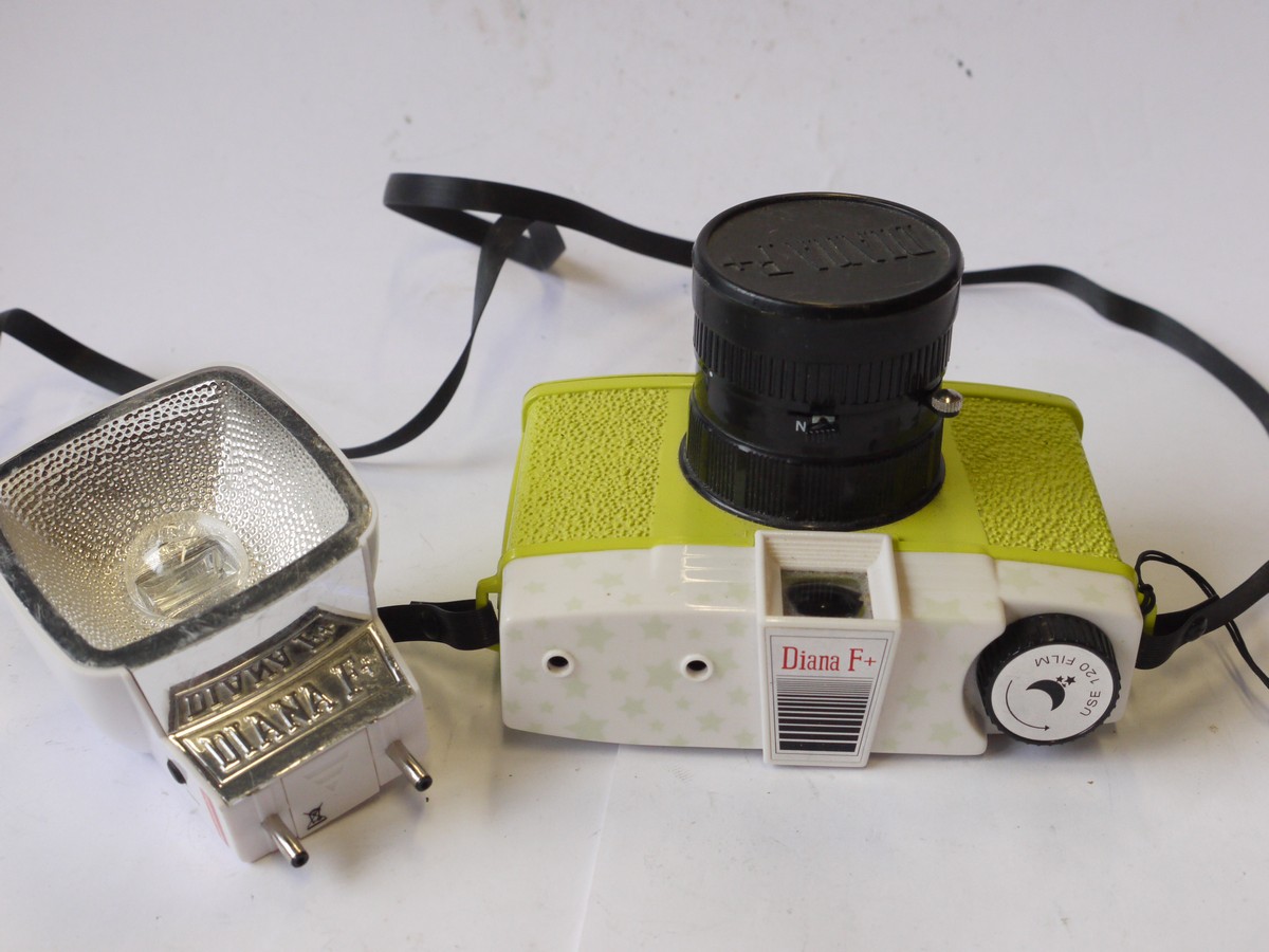 mwclassiccameras-20240927-348 Diana F+ 6x6 on 120 Plastic camera, Lime Green & White coloured, with 75mm Glow lens + front cap, strap & Diana Flash