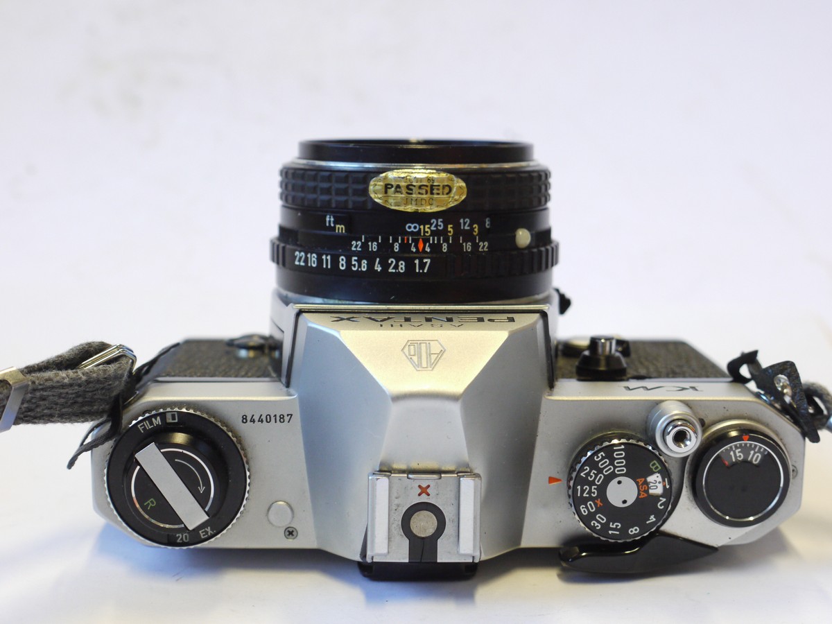 mwclassiccameras-20241004-26 Pentax KM 35mm SLR, chrome + 50mm f1.7 SMC Pentax-M PKM mount lens, neck strap & ER case