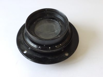 British 8 inch f5.6 black painted brass lens with Iris Diaphragm & flange. Engraved with "AM 14A/1727" & Crown logo British Military markings