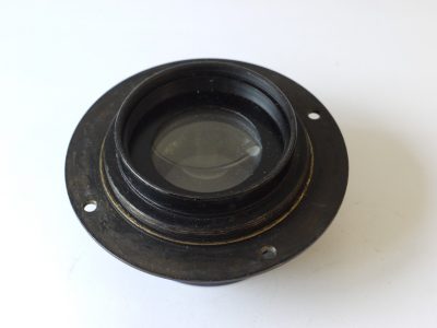 British 8 inch f5.6 black painted brass lens with Iris Diaphragm & flange. Engraved with "AM 14A/1727" & Crown logo British Military markings