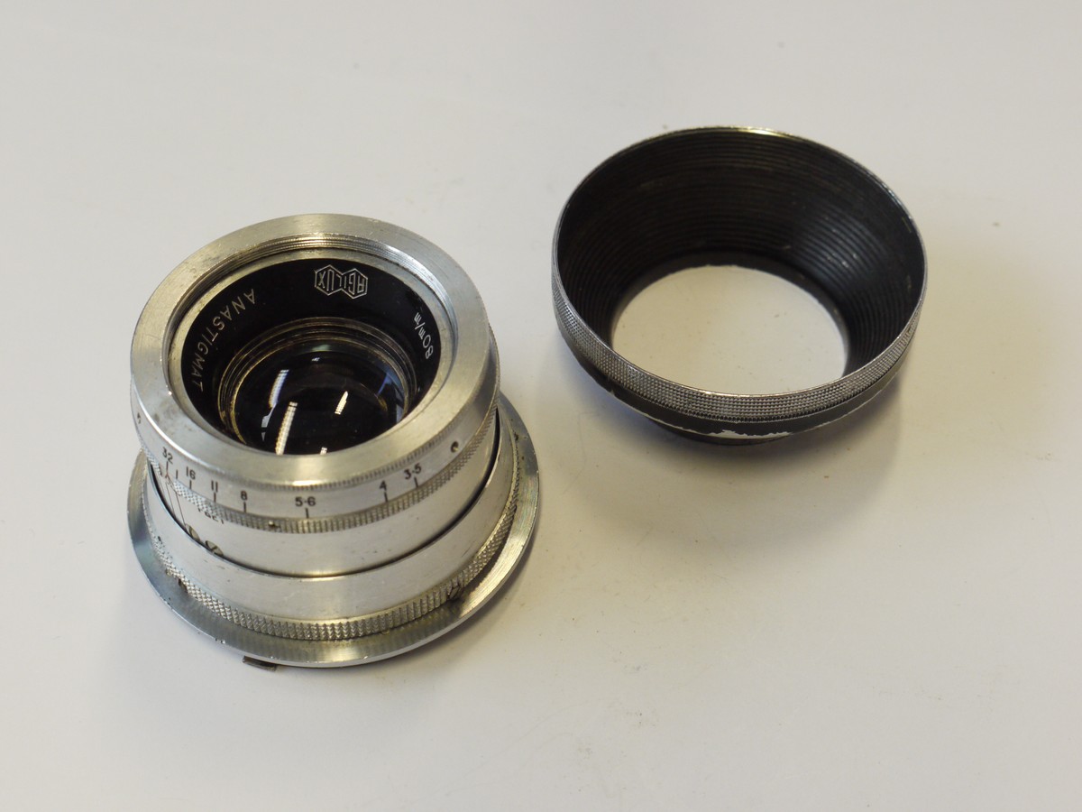 mwclassiccameras-20241011-133 Agilux 80mm f3.5 Anastigmat coated chrome large bayonet mount lens (for Agilux II/III) + makers lens hood
