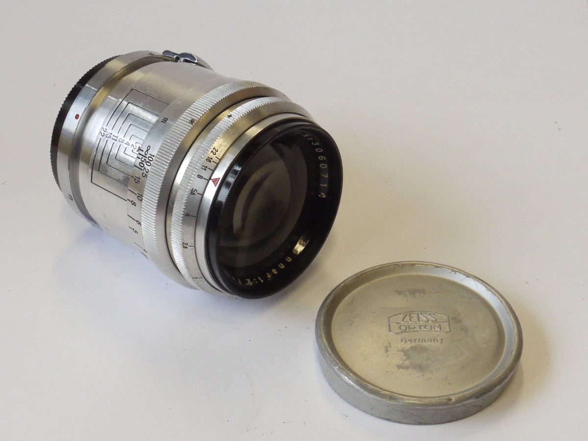 mwclassiccameras-20241018-121 Carl Zeiss Jena 8.5cm f2.8 Sonnar c1947 coated chrome lens for Contax Rangefinder cameras + Zeiss Caps