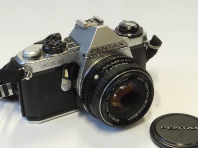 Pentax ME Super chrome + 50mm f1.7 SMC Pentax-M PKM mount lens, Pentax front cap & neck strap