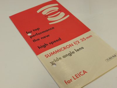 Leitz "SUMMICRON f/2 35mm wide angle lens for LEICA" c1959. 4-page leaflet