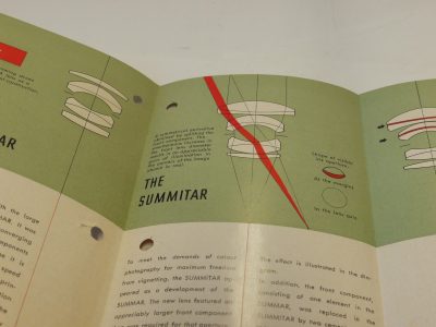 Leitz 6 pages pull out leaflet on 50mm Summar, Summitar & Summicron lenses c1953