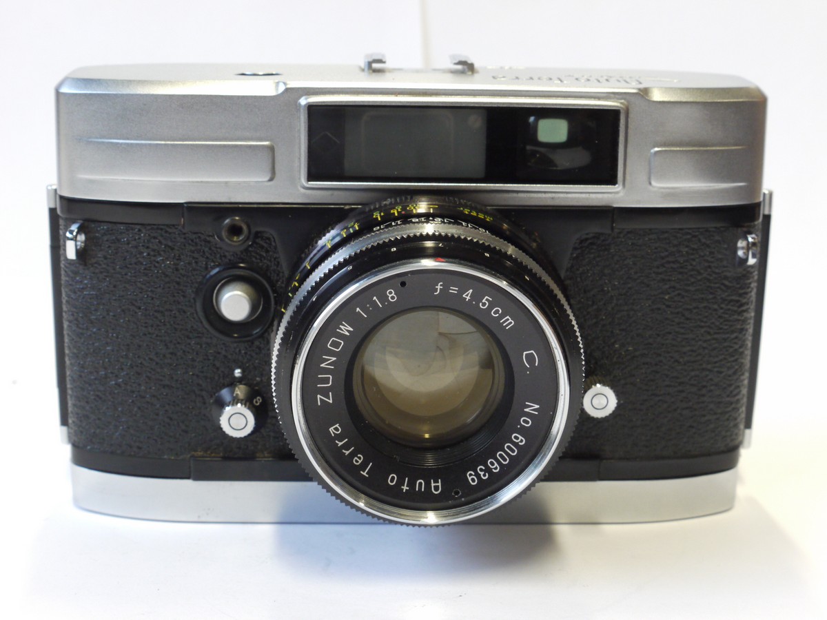 mwclassiccameras-20241108-90 Teraoka Auto Terra Super 35mm coupled rangefinder Spring Motorised camera c1959 with 4.5cm f1.8 ZUNOW lens + Auto Tera ER case. RARE COLLECTABLE CAMERA & CONDITION
