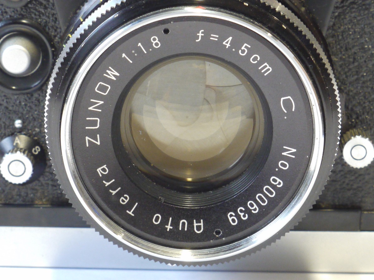 mwclassiccameras-20241108-91 Teraoka Auto Terra Super 35mm coupled rangefinder Spring Motorised camera c1959 with 4.5cm f1.8 ZUNOW lens + Auto Tera ER case. RARE COLLECTABLE CAMERA & CONDITION