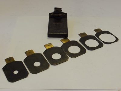 Dallmeyer Waterhouse Stops set of Six Metal Stops, marked with serial number, *, 2, 3, 4 & 5 (43x35mm), with end handle grip & Dallmeyer Brown leather case