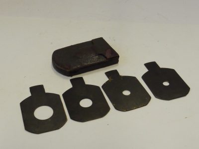 Unamed Waterhouse Stops set of Four Metal Stops, marked 1,2 4 & 5 (32x29mm), with end handle grip & Brown leather case.