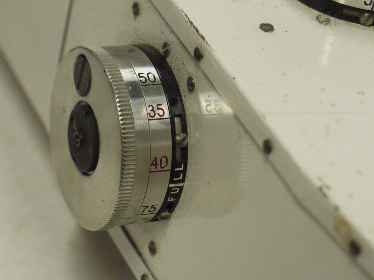 mwclassiccameras-20241213-157 Mitchell Camera Corp Accessory Viewfinder for 35mm Movie Camera. Cream coloured casing with two framing knobs (one for vertical, one for horizontal) UNCOMMON