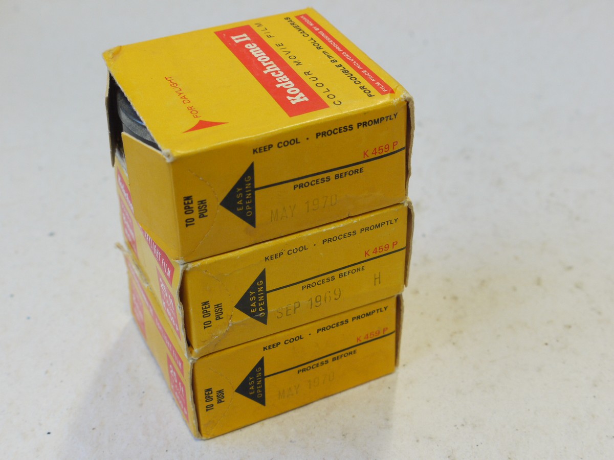 mwclassiccameras-20250110-120 Kodak set of Three Kodachrome II Daylight Standard 8 (Double Run) movie films. Sealed, Unused. Expired September 1969 & May 1970. All sealed, two boxes are sealed