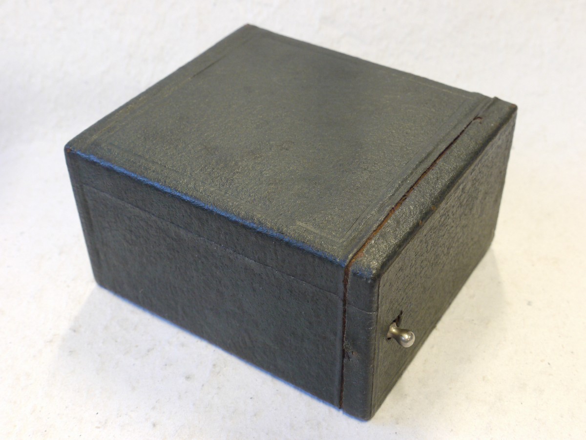 mwclassiccameras-20250110-178 Unamed Grey leather covered 6x9 Box camera with handle. Has front lens with built-in guilotine shutter. UNCOMMON