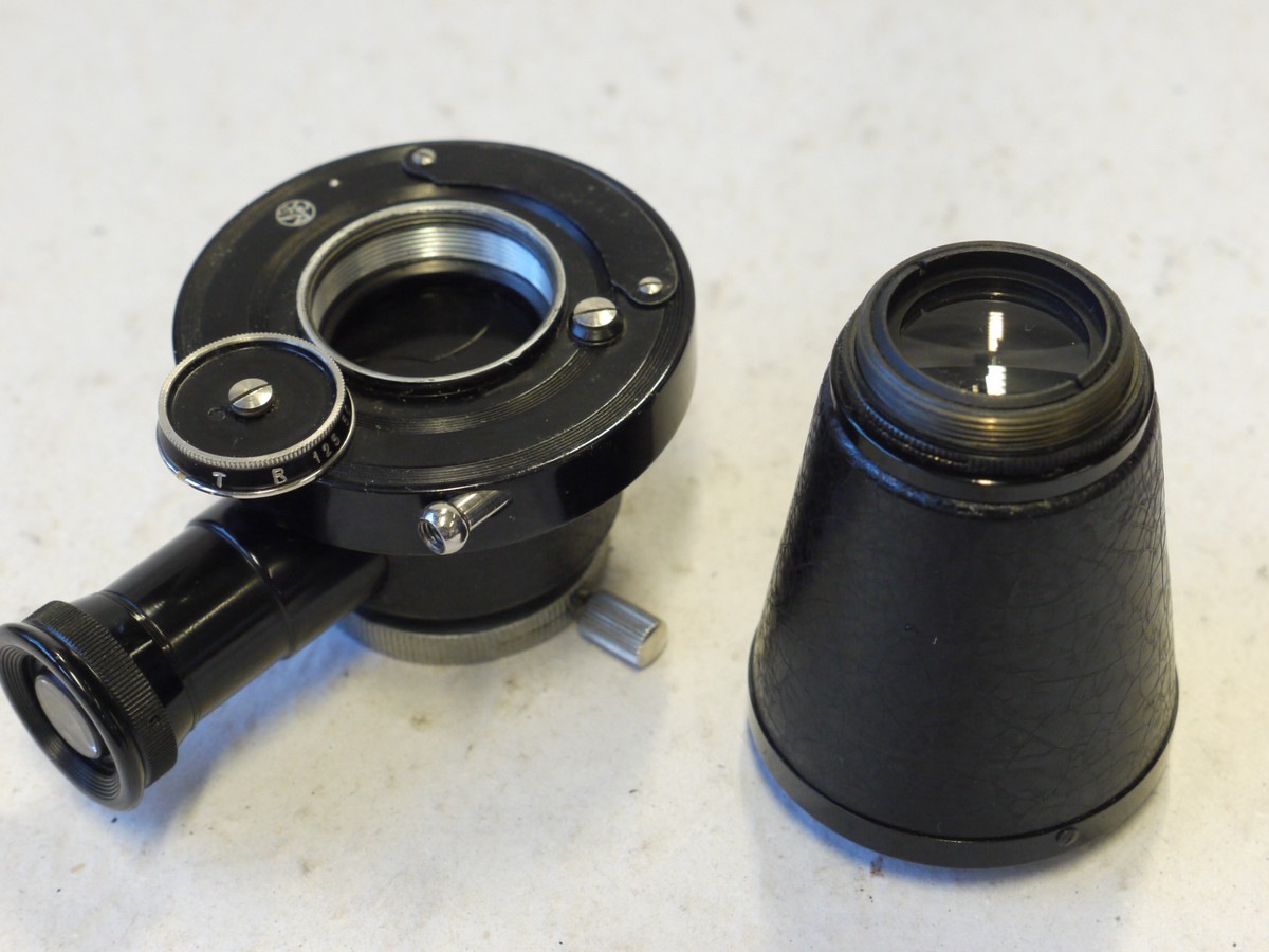 mwclassiccameras-20250110-183 Leitz Microscope Attachment MIKAS. Shutter, attachment/tube, eyepiece & makers Red box