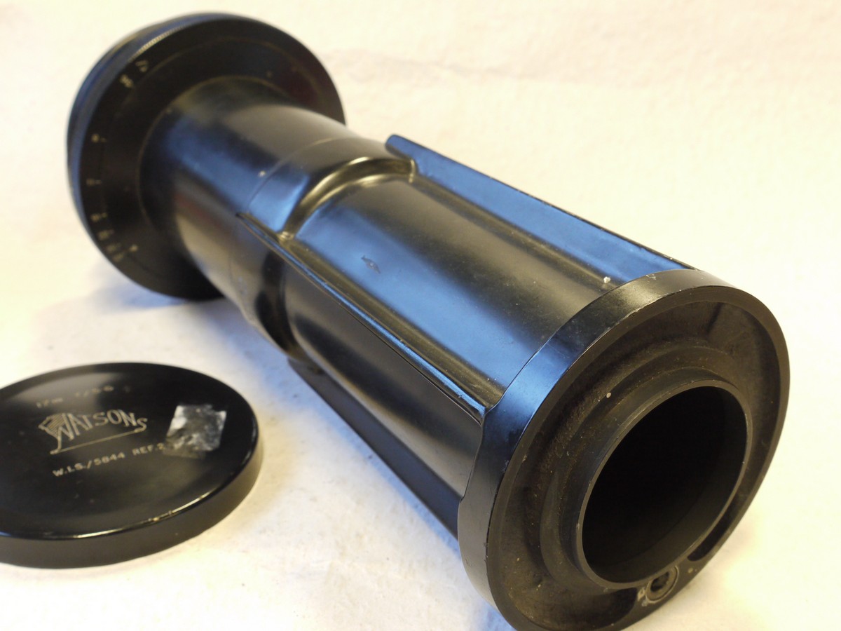 mwclassiccameras-20250110-186 Watsons 17 inch f5.6 Telephoto British Military coated lens with Iris Diaphragm, engraved "W.I.S/5844 Ref 4" + Similarly engraved front cap. RARE