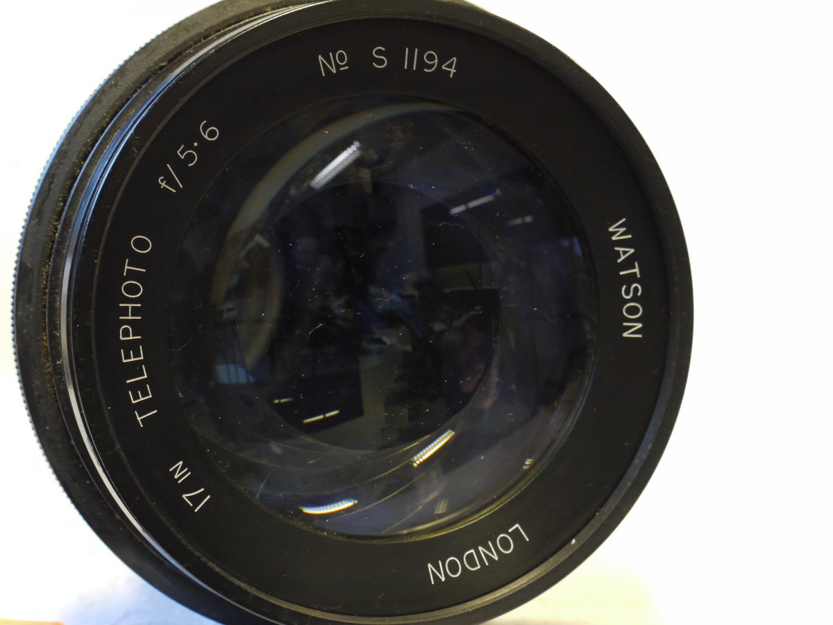 mwclassiccameras-20250110-188 Watsons 17 inch f5.6 Telephoto British Military coated lens with Iris Diaphragm, engraved "W.I.S/5844 Ref 4" + Similarly engraved front cap. RARE