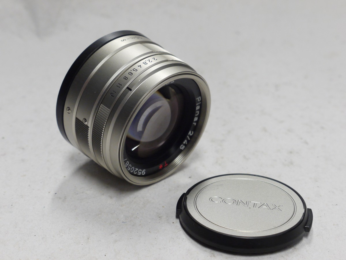 mwclassiccameras-20250110-251 Contax G1 35mm Autofocus, Motorised camera, Grey finish + 45mm f2 Planar T* interchangeable lens, with Contax front cap