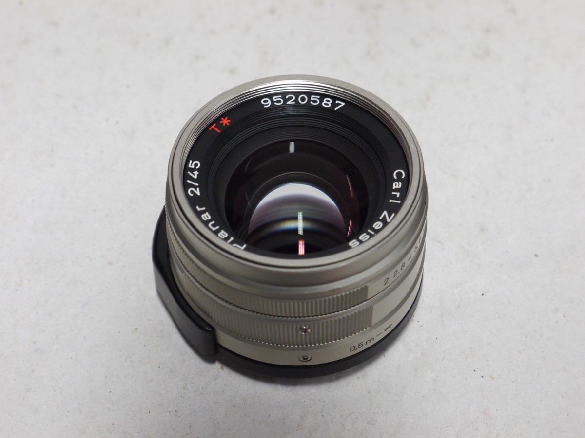 mwclassiccameras-20250110-253 Contax G1 35mm Autofocus, Motorised camera, Grey finish + 45mm f2 Planar T* interchangeable lens, with Contax front cap