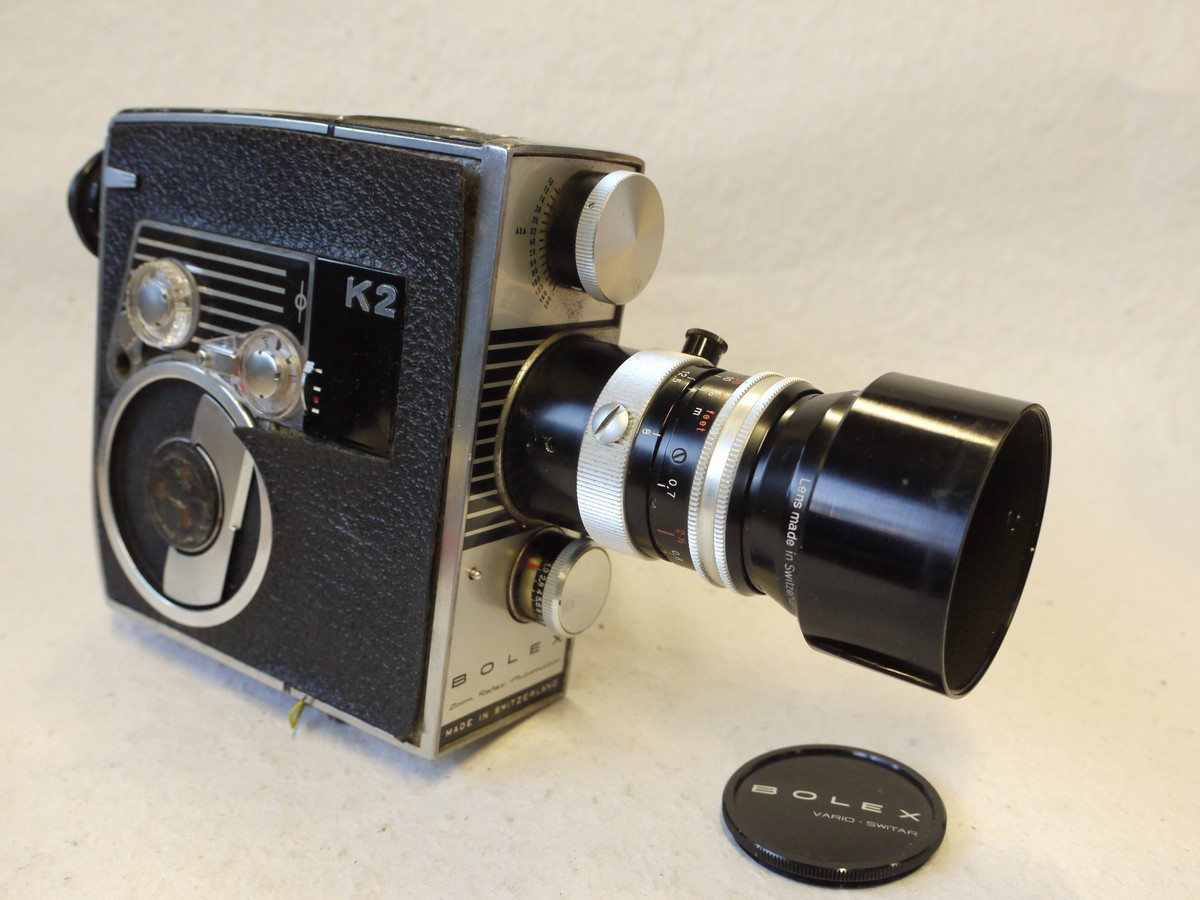 mwclassiccameras-20250110-42 Bolex K2 Standard 8 Cine camera (Non-working) with Kern 8-36mm f1.9 Vario Switar lens with screw-in lens hood