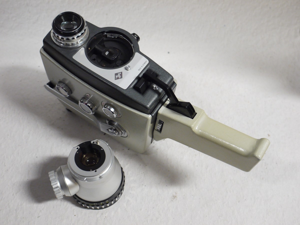 mwclassiccameras-20250124-266 Agfa Movex Reflex Standard 8 Spring motorized camera with Schneider 7.8-37.5mm f1.8 Variogon & Agfa 13mm f1.8 Movestar interchangeable bayonet mount lenses, hand grip, 5 x Film Cassettes, Three Filters, Lens Hood, Hand Strap & Agfa Outfit case