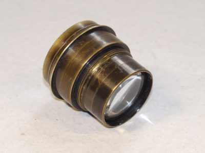 Taylor Hobson 5 3/4 inch f4.5 T-P Cooke Anastigmat brass lens with gold lettering, with Iris Diaphragm & makers front cap