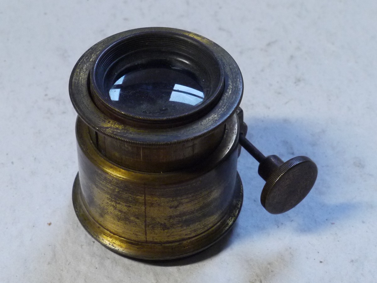 mwclassiccameras-20250214-153 Unamed 4-5 inch Brass lens with Rack & Pinion focusing & flange. Front outer brass tube is missing but lens optics are complete