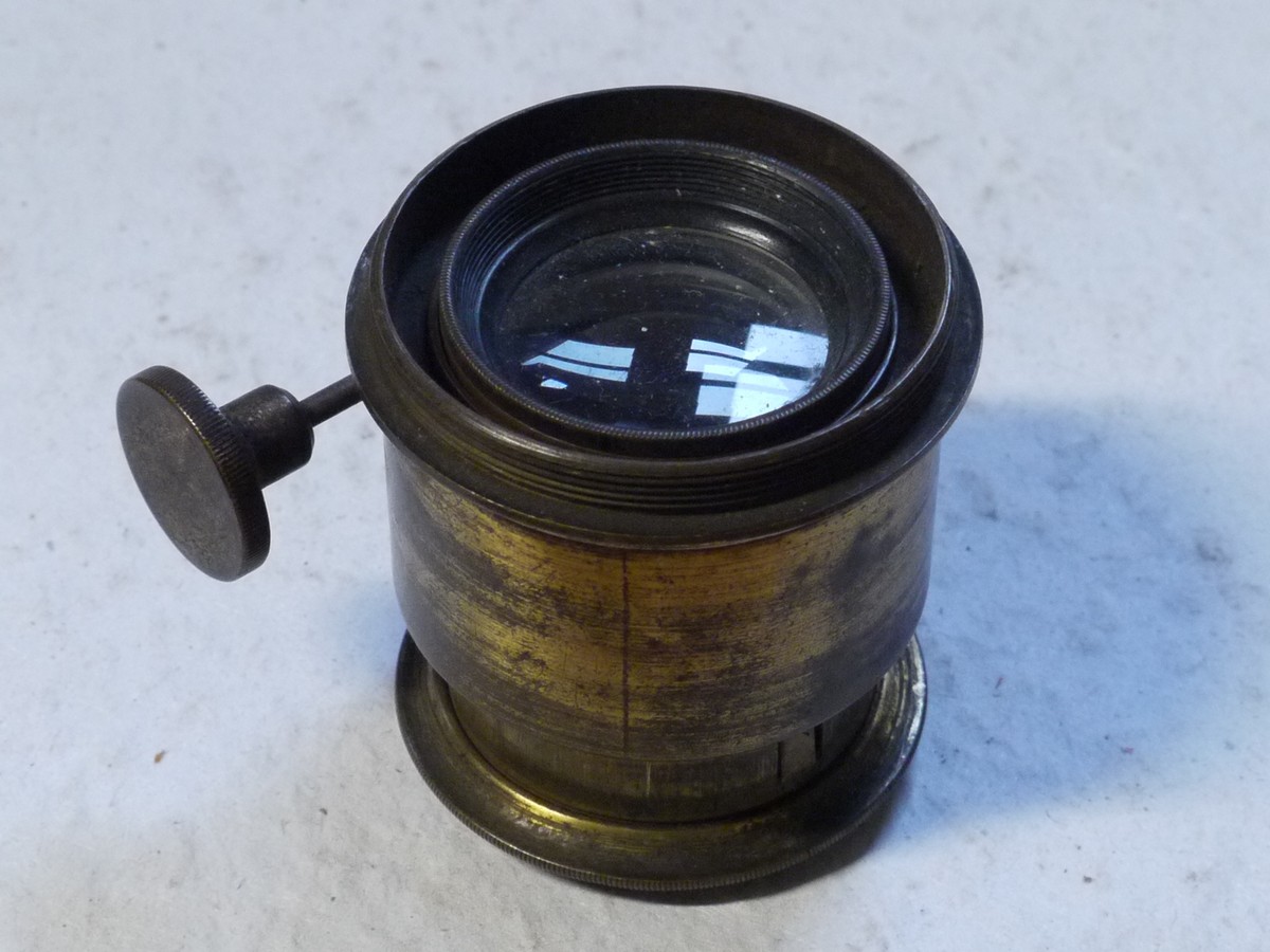 mwclassiccameras-20250214-154 Unamed 4-5 inch Brass lens with Rack & Pinion focusing & flange. Front outer brass tube is missing but lens optics are complete