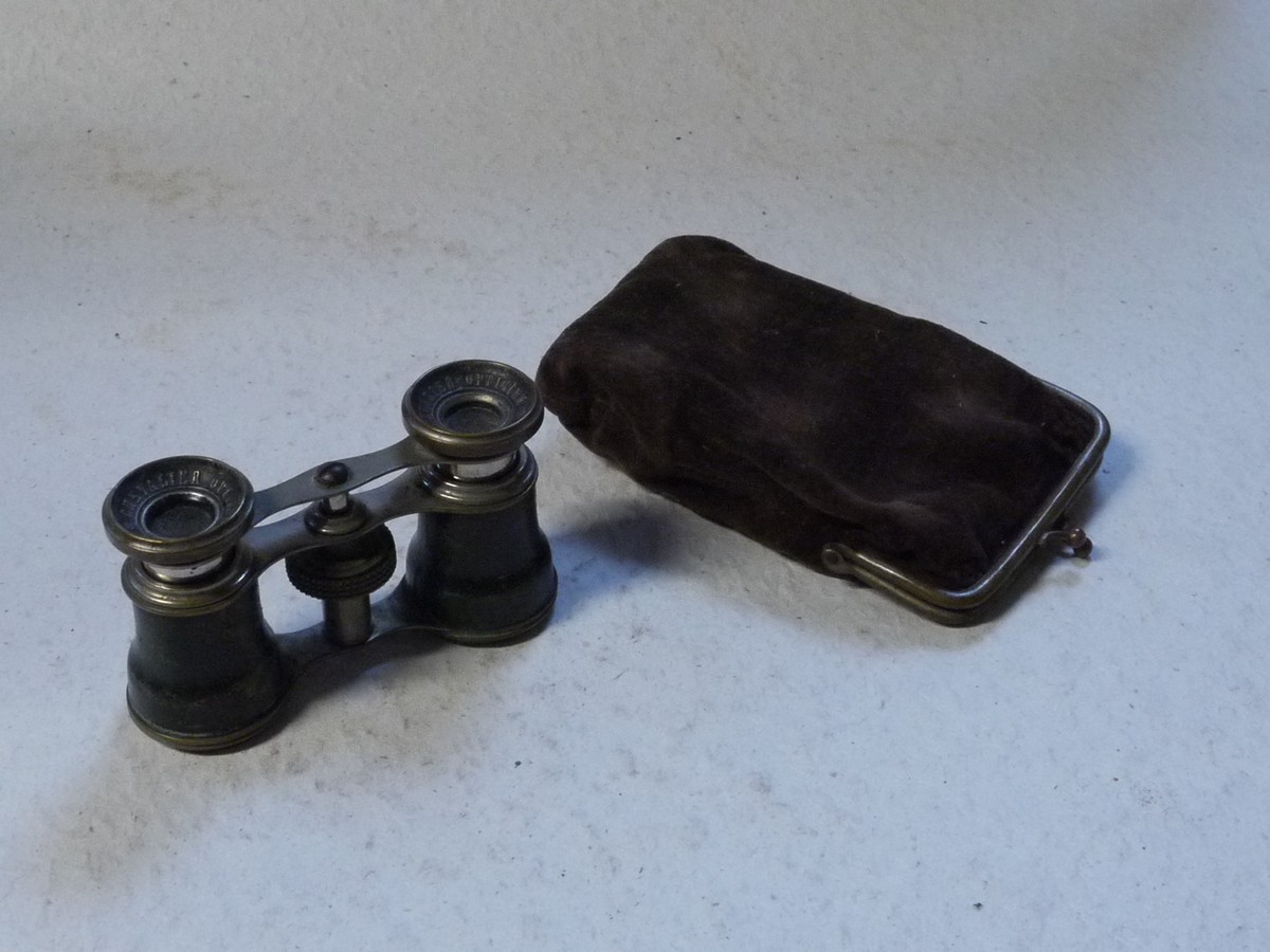 mwclassiccameras-20250214-157 Chevalier Opticien Paris Small focusing Opera Glasses, with faded Green covering + Brown Sued Clip-Fastening pouch case