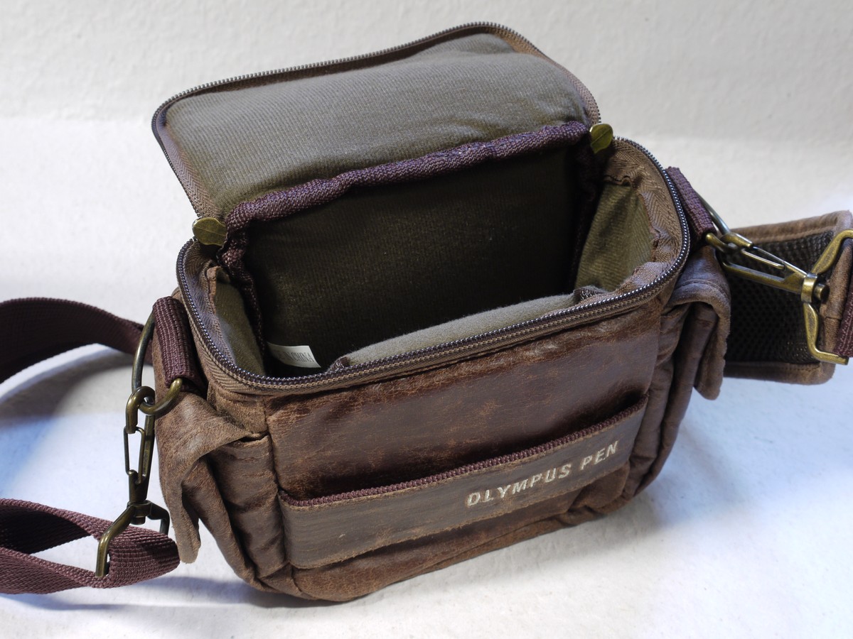 mwclassiccameras-20250214-76 Olympus Pen Vintage Brown Leather Camera Outfit Case, with hand & Shoulder Straps. RARE