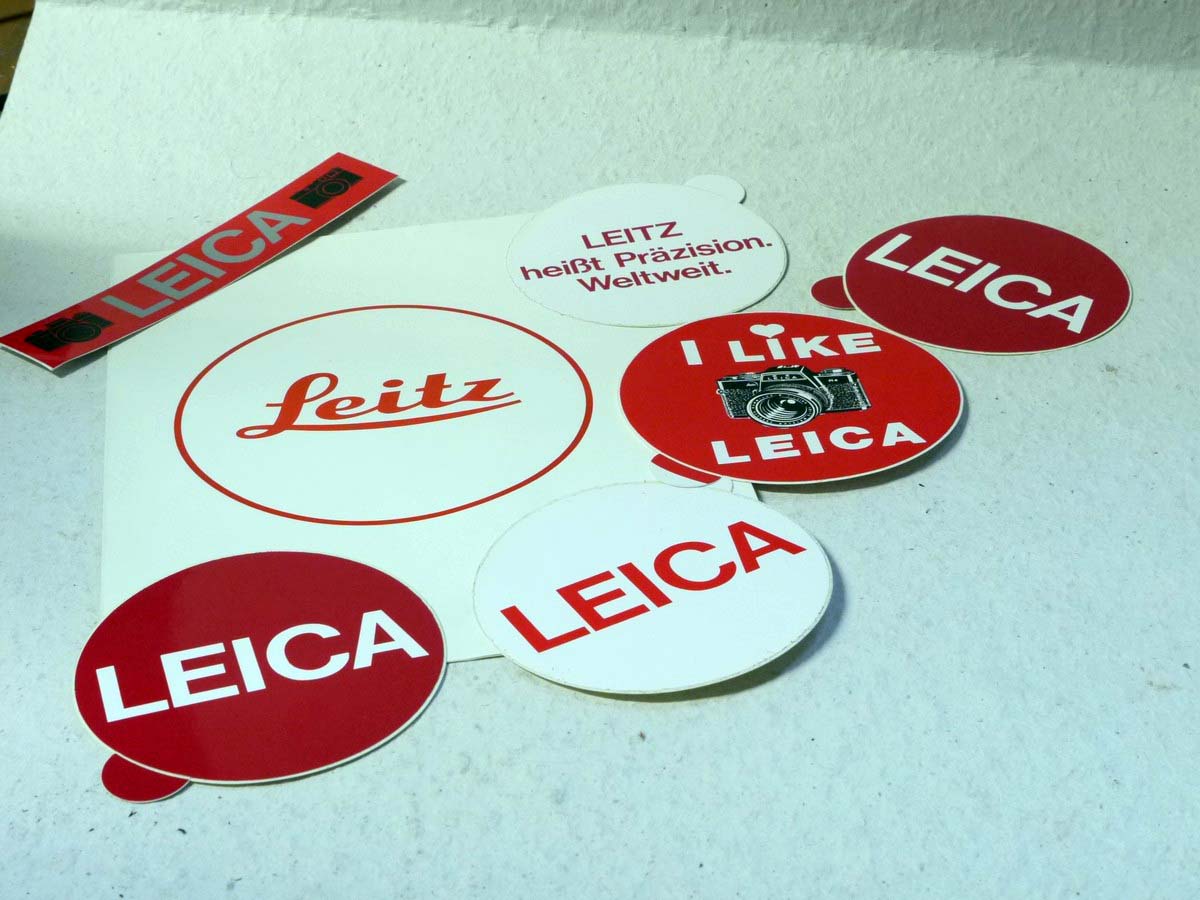 mwclassiccameras-20250221-97 Leitz Set of Stickers - 2 x A4 White stickers with Leitz name & Logo + Set of 5 x Circular stickers (100-110mm diameter) + 1 x Rectangular sticker (170mm x 33mm)