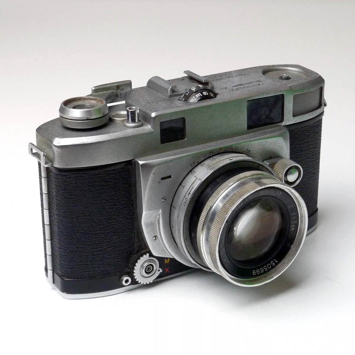 mwclassiccameras-20250228-166 Minolta Super A 35mm Copupled Rangefinder camera + Chitoko 5cm f2 Super Rokkor inbterchangeable lens. UNCOMMON CAMERA & F2 LENS. NEEDS REPAIR/CLEANING