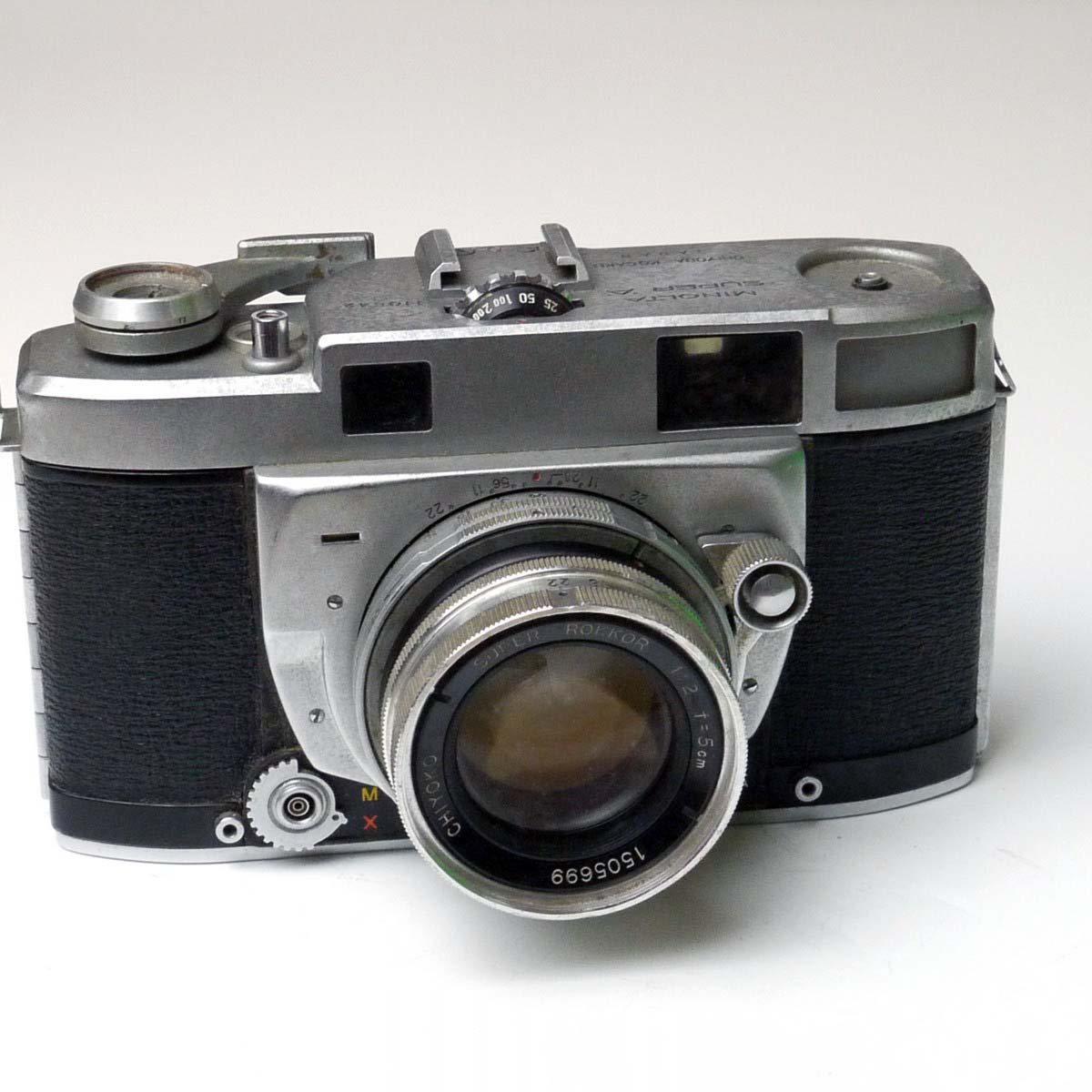 mwclassiccameras-20250228-167 Minolta Super A 35mm Copupled Rangefinder camera + Chitoko 5cm f2 Super Rokkor inbterchangeable lens. UNCOMMON CAMERA & F2 LENS. NEEDS REPAIR/CLEANING