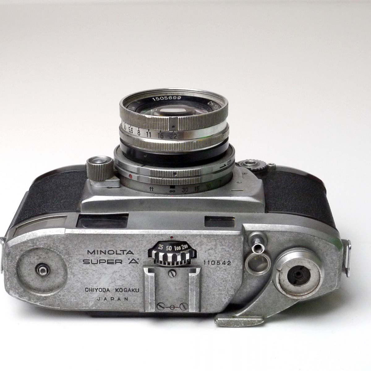 mwclassiccameras-20250228-169 Minolta Super A 35mm Copupled Rangefinder camera + Chitoko 5cm f2 Super Rokkor inbterchangeable lens. UNCOMMON CAMERA & F2 LENS. NEEDS REPAIR/CLEANING