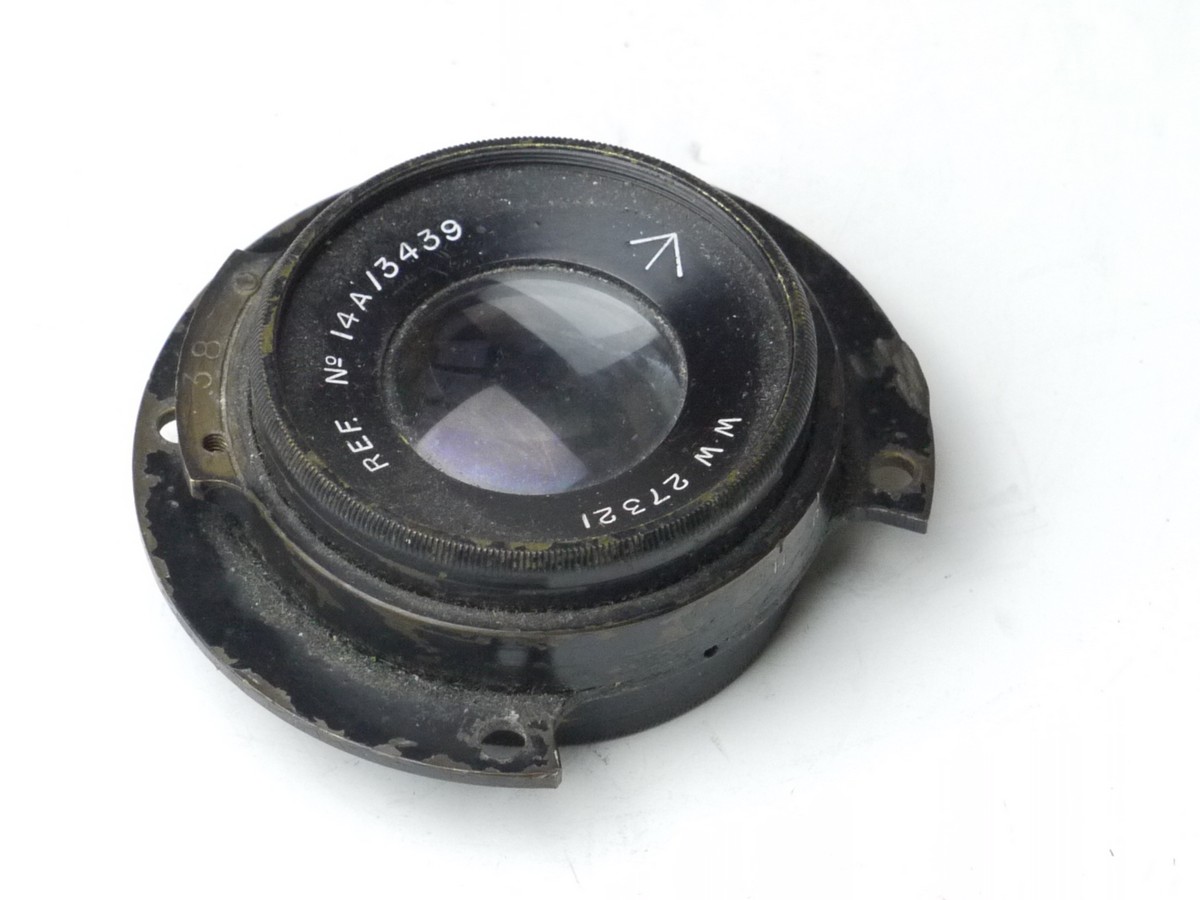 mwclassiccameras-20250314-218 British Air Ministry 6 inch (Estimated) f4.5 Military lens with Iris Diaphgragm & flange. Engraved "14A/3439"