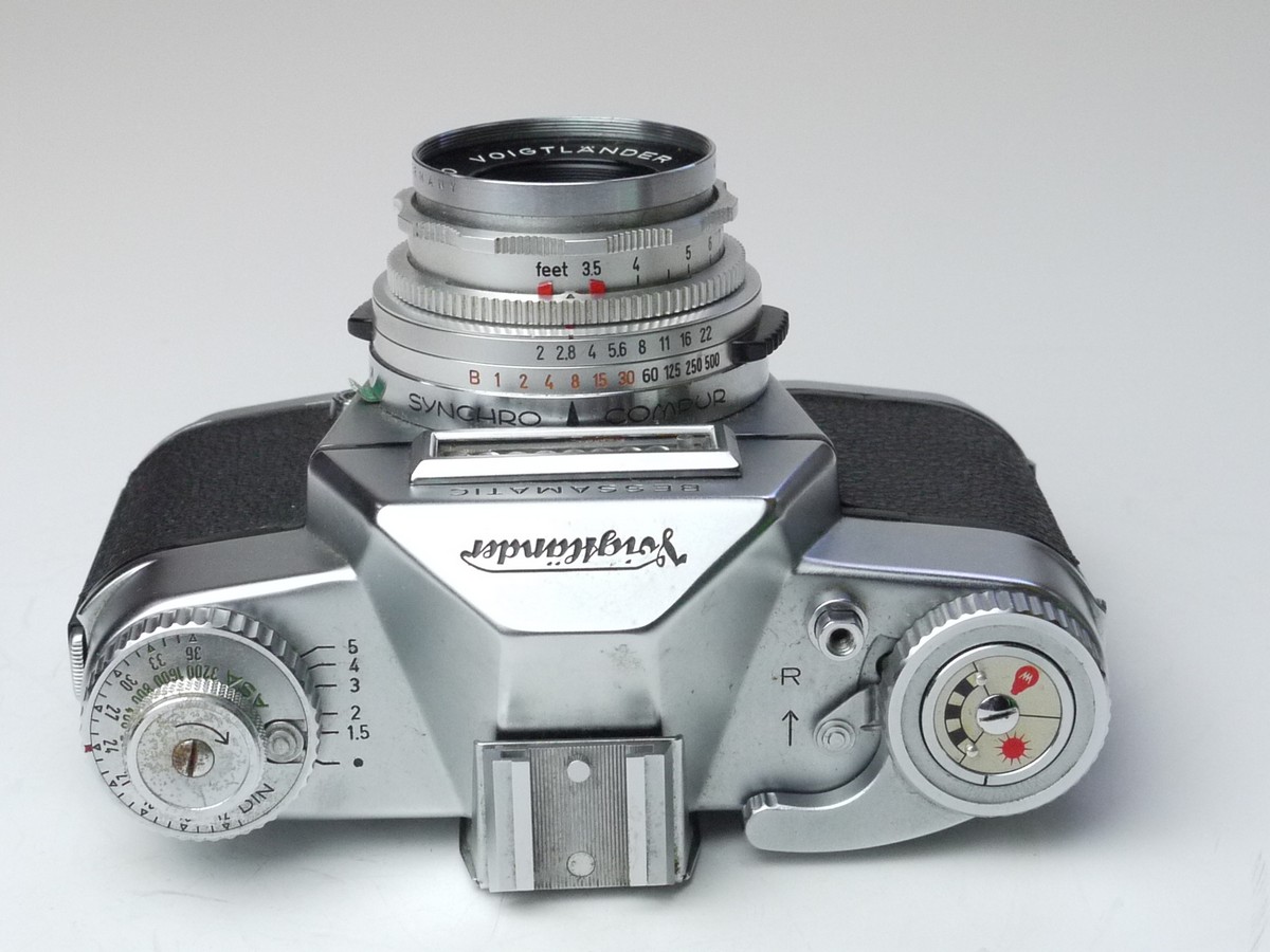 mwclassiccameras-20250314-41 Voigtlander Bessamatic selenium metered SLR with removable accessory shoe + 50mm f2.8 Color-Skopar X interchangeable Deckel mount lens with makers front cap & ER case