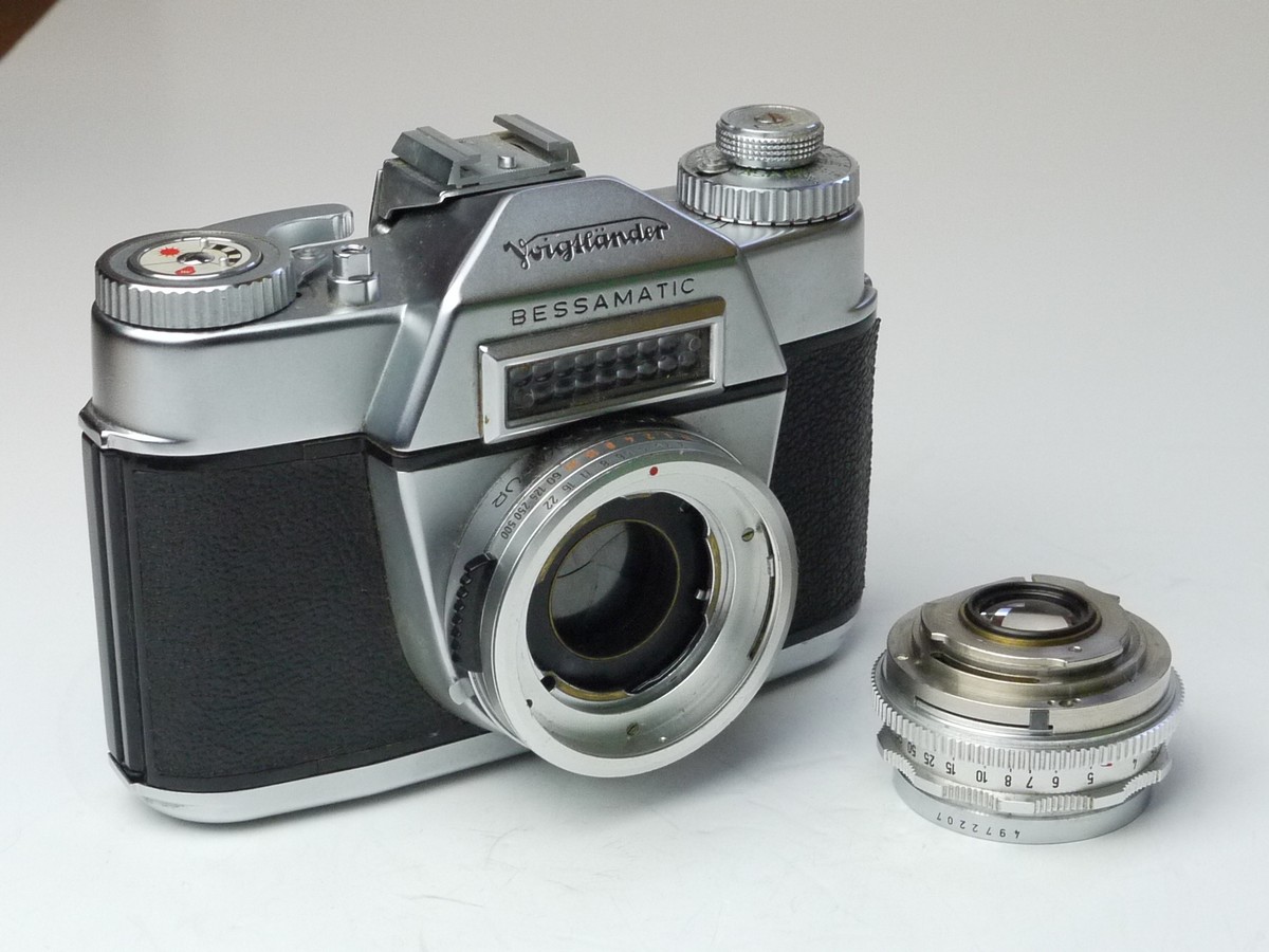 mwclassiccameras-20250314-43 Voigtlander Bessamatic selenium metered SLR with removable accessory shoe + 50mm f2.8 Color-Skopar X interchangeable Deckel mount lens with makers front cap & ER case