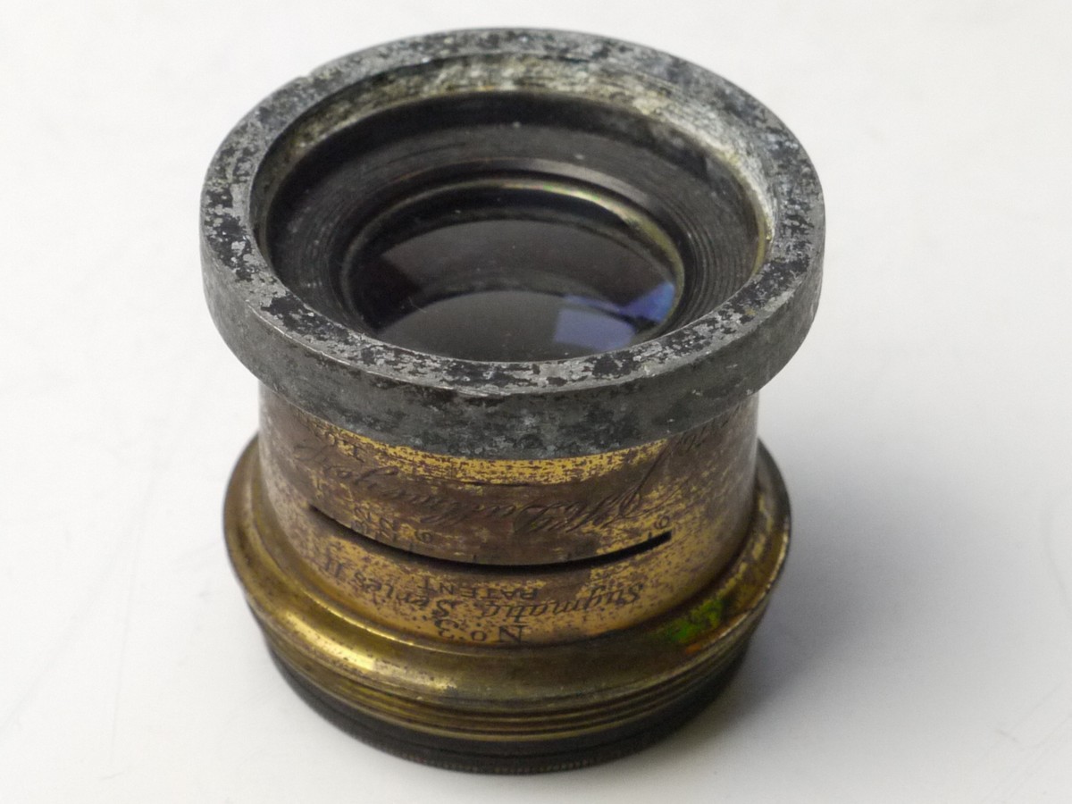 mwclassiccameras-20250321-126 Dallmeyer 7 inch (Estimated) f6 No.3 Stigmatic Series II brass lens. Has slot & internal parts previously used for an Iris Diaphragm