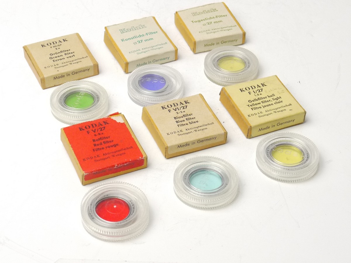 mwclassiccameras-20250321-208 Kodak Set of Six 27mm Screw-In filters, all with keeper cases & Boxes - Light Yellow, Green, Blue, Red & Two Colour Corrections filters