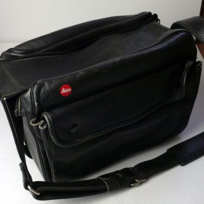 Leitz black leather, semi rigid M camera outfit case with double zipper, shoulder strap & outer pocket (300 x 170 x 200mm)