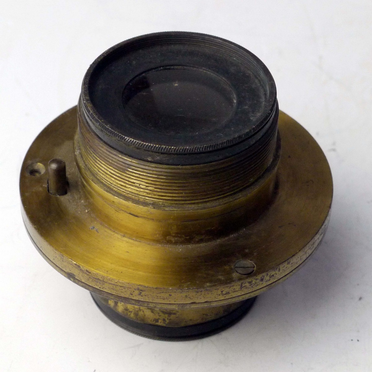 mwclassiccameras-20250404-65 Hythe Gun Camera Mark III brass lens only, with 3 internal shutter blades. RARE