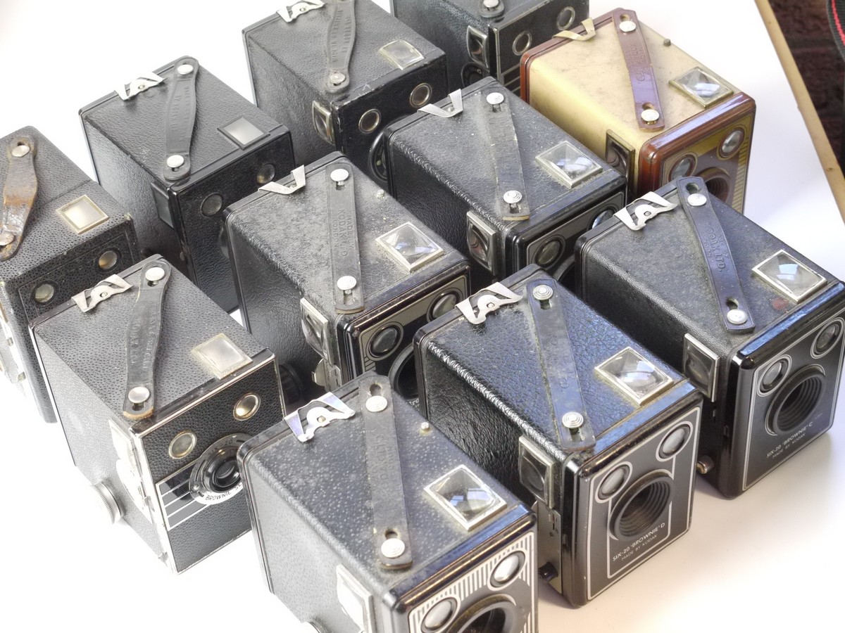 mwclassiccameras-20250411-159 Kodak Set of Eleven Six-Twenty Box Cameras. Six-20 Brownie Junior, Six-20 Popular Brownie, Six-20, Super Six-Twenty Junior, Six-20 Brownie Senior, Six-20 Portrait Brownie, Six-20 Brownie Models C, D & F + Six-20 Grownie C, D & E