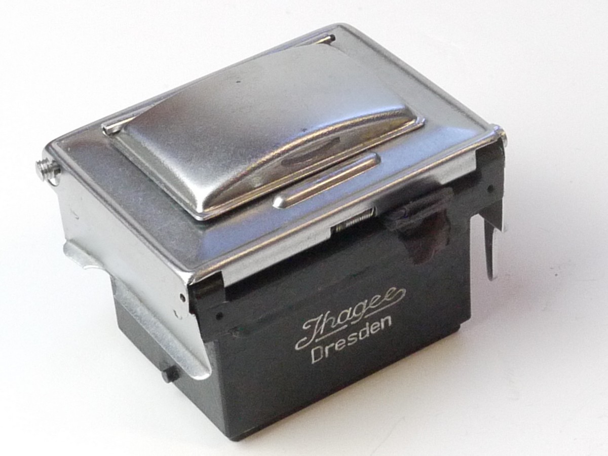 mwclassiccameras-20250411-63 Ihagee Waist-Level finder for Exakta 35mm SLR. Has been removed from the camera with non-interchangeable finder. Has built-in plain focusing screen