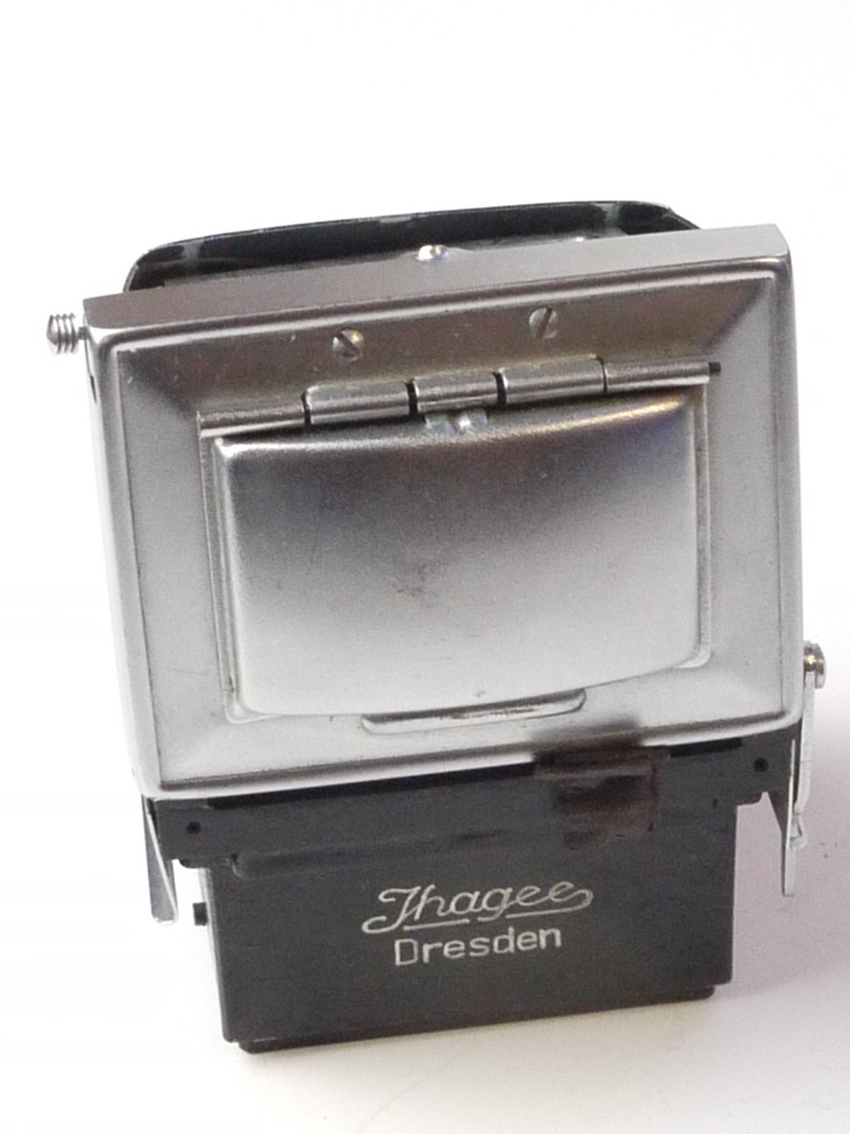 mwclassiccameras-20250411-64 Ihagee Waist-Level finder for Exakta 35mm SLR. Has been removed from the camera with non-interchangeable finder. Has built-in plain focusing screen