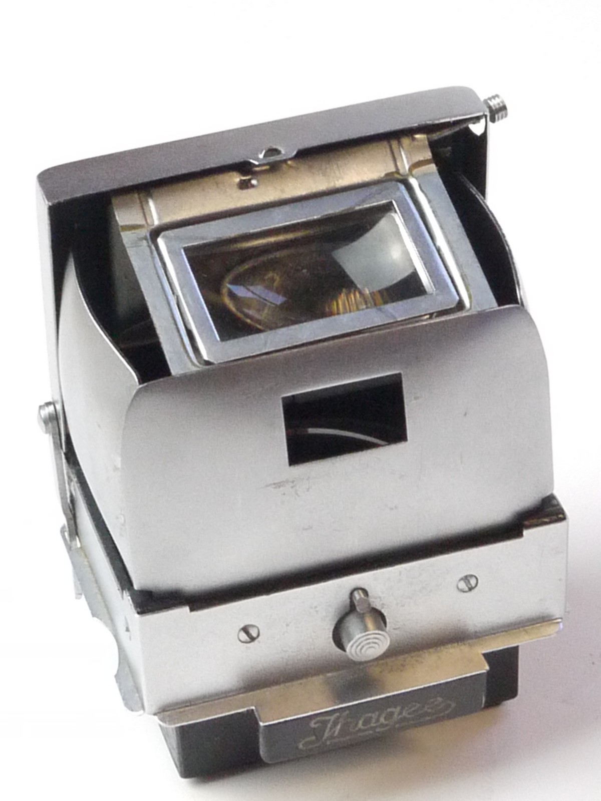 mwclassiccameras-20250411-65 Ihagee Waist-Level finder for Exakta 35mm SLR. Has been removed from the camera with non-interchangeable finder. Has built-in plain focusing screen
