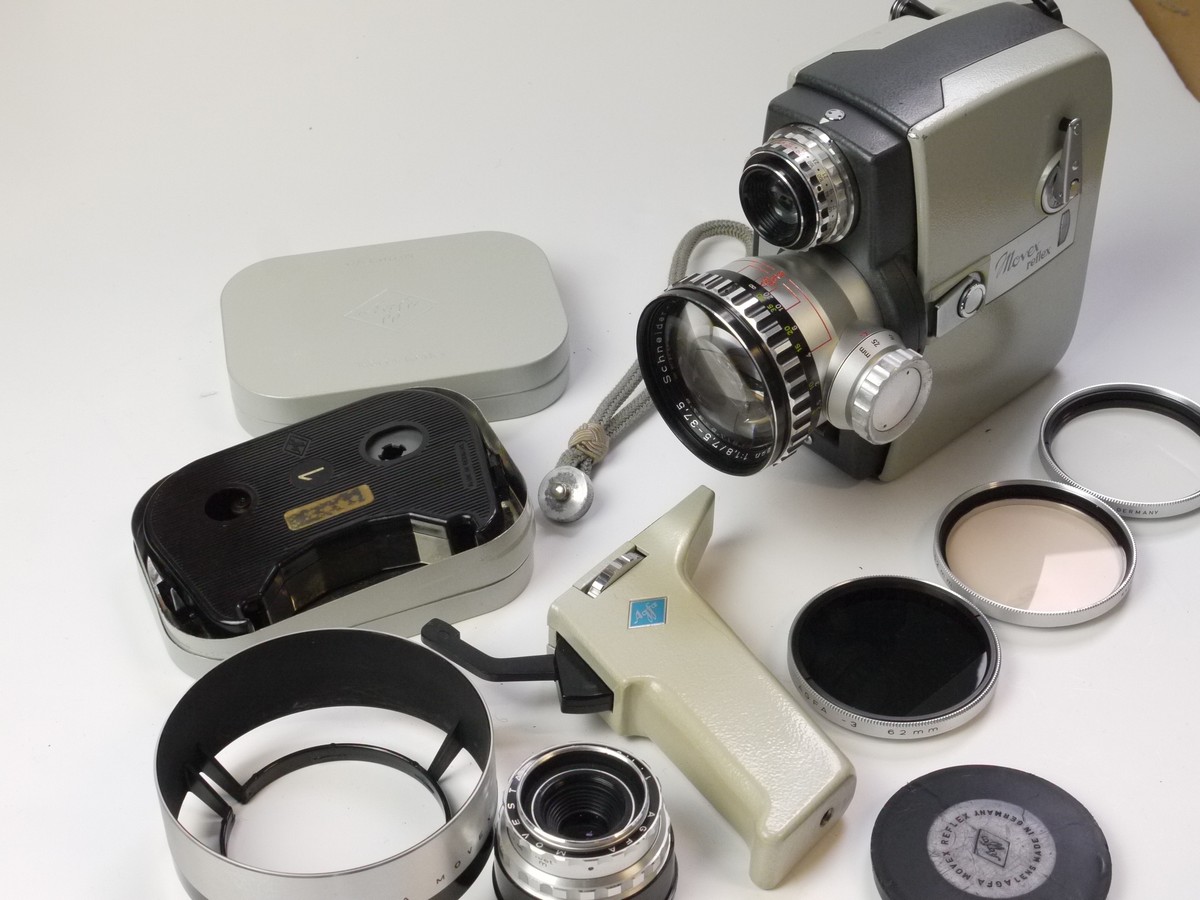 mwclassiccameras-20250418-181 Agfa Movex Reflex Standard 8 Spring motorized camera with Schneider 7.8-37.5mm f1.8 Variogon & Agfa 13mm f1.8 Movestar interchangeable bayonet mount lenses, hand grip, 5 x Film Cassettes, Three Filters, Lens Hood, Hand Strap & Agfa Outfit case