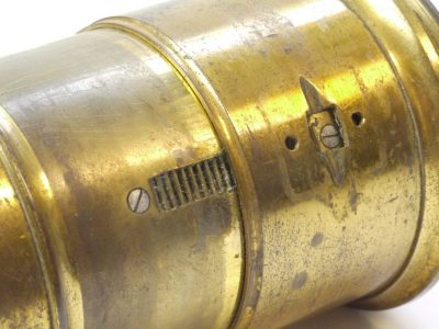 Unbranded 6 inch (Estimated) brass lens with collar & cog for rack & piunion fopcusing (control wheel is missing). With lens hood