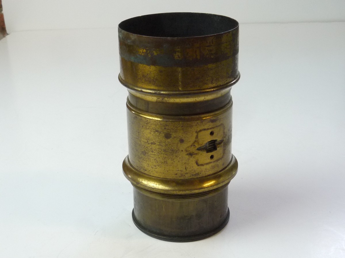 mwclassiccameras-20250502-201 Unbranded 6 inch (Estimated) brass lens with collar & cog for rack & piunion fopcusing (control wheel is missing). With lens hood