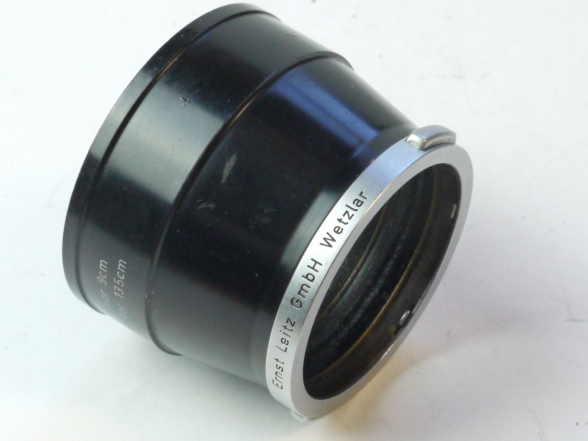 mwclassiccameras-20250509-160 Leitz Clip-on metal lens hood for 90 & 135mm (12575), with small chrome ring at the base