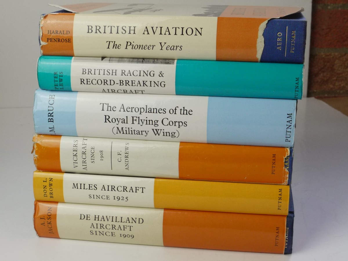 mwclassiccameras-20250523-179 Set of Six Putnam Publication books - "British Racing & Record-Breaking Aircraft" c1970, "The Aeroplanes of the Royal Flying Corps (Military Wing)" c1982, "British Aviation The Pioneer Years" c1967, "Vickers Aircraft since 1908" c1969. "De Havilland Aircraft since 1909" c1962 & "Miles Aircraft since 1925" c1970. All hardback with dust covers