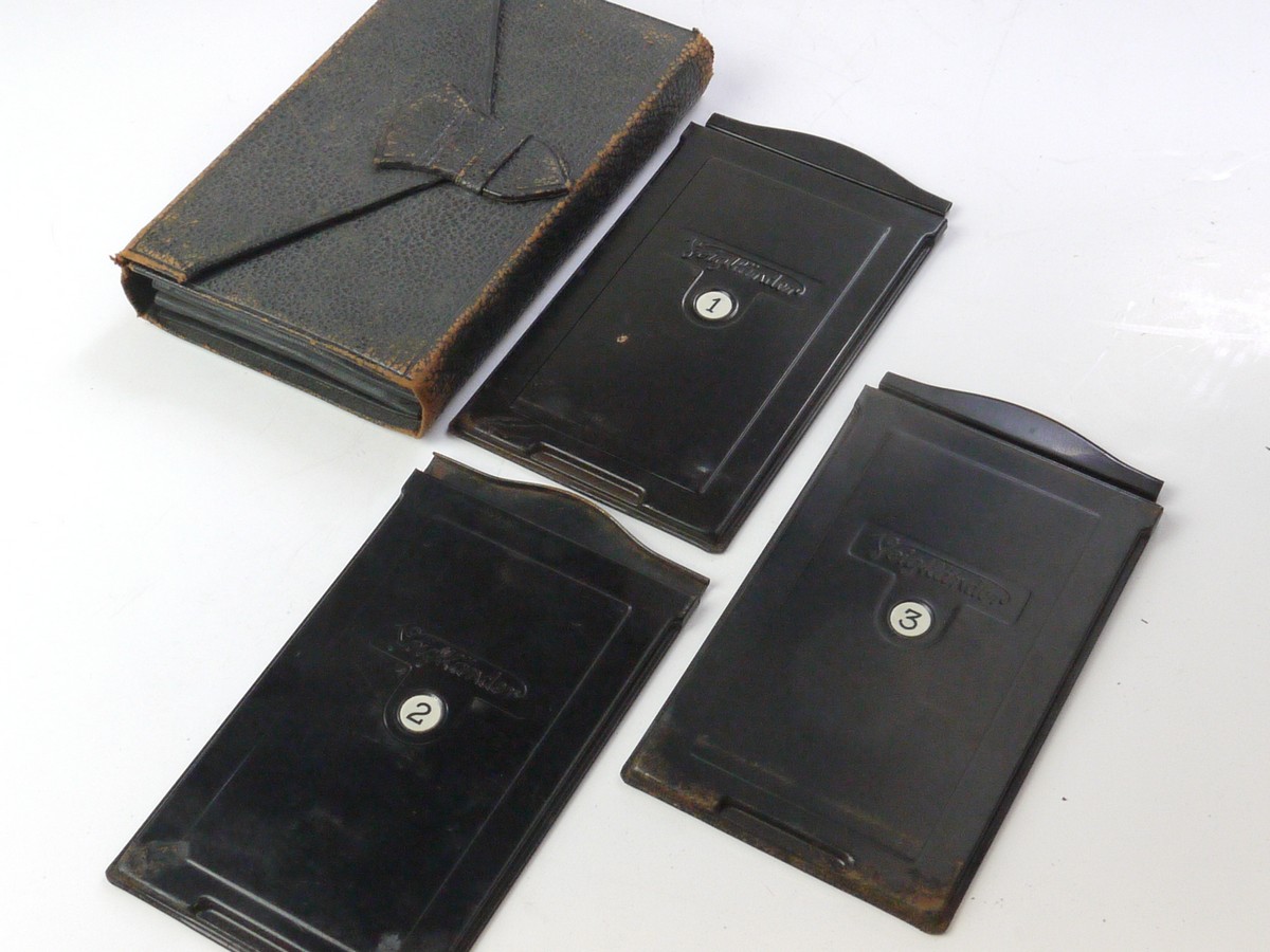 mwclassiccameras-20250523-87 Voigtlander Set of Three 6x9 Cut-Film holders in Voigtlander Expanding Wallet leather case. For Bergheil type foldiong cameras