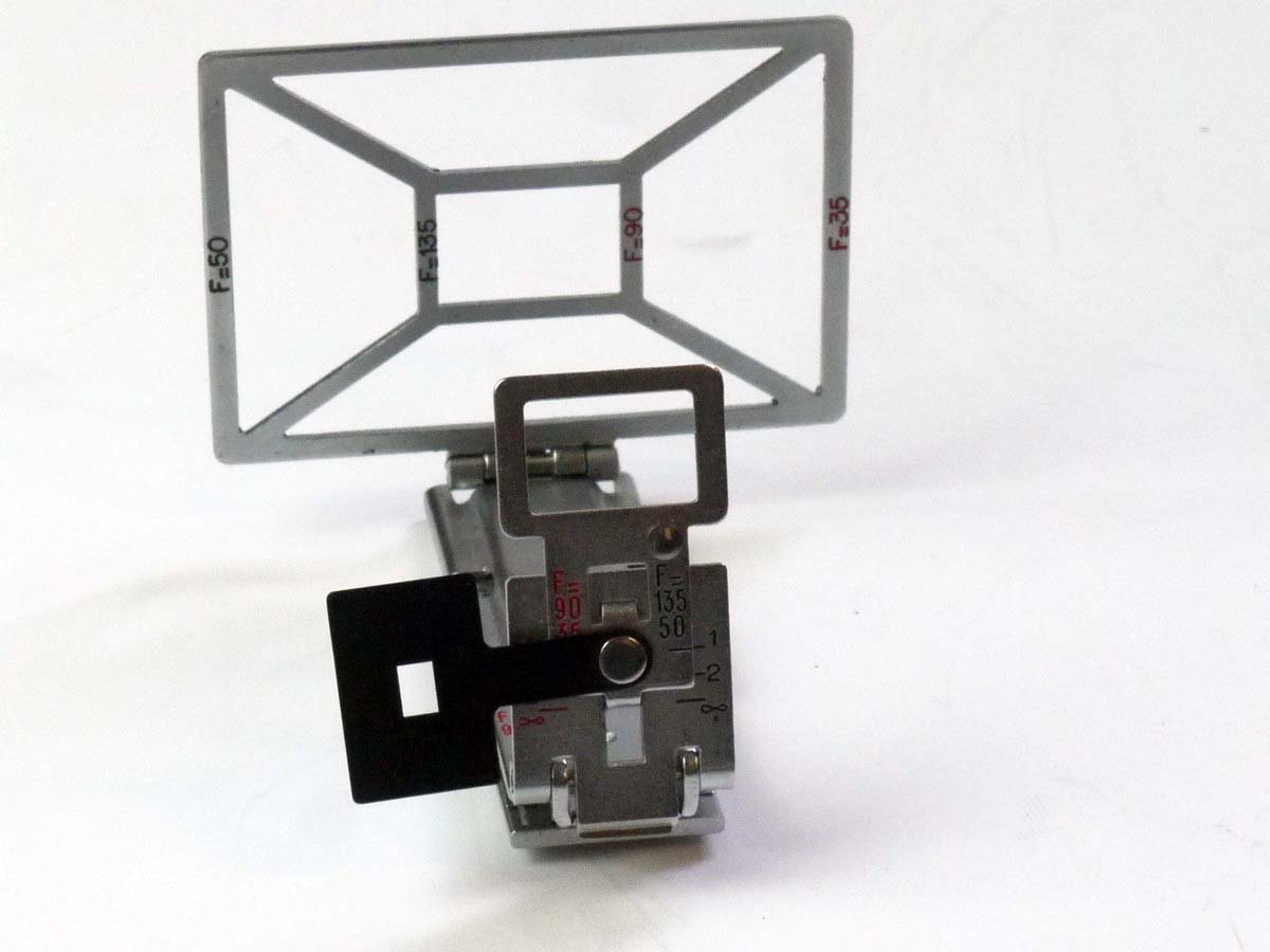 mwclassiccameras-20250530-133 Foca Folding Sports Finder, chrome, For Foca Leica Copy. Settings for 35, 50, 90 & 135mm. UNCOMMON